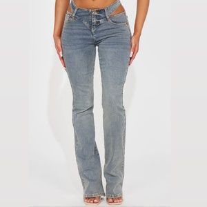FASHION NOVA Cause A Scene Cut Out Stretch Bootcut Jean - Vintage Blue Wash